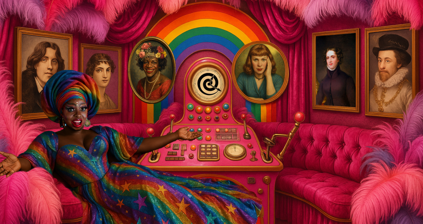 Drag queen wearing a rainbow gown sat in a pink time machine with arms outstretched. Portraits of queer icons are dotted around the wall